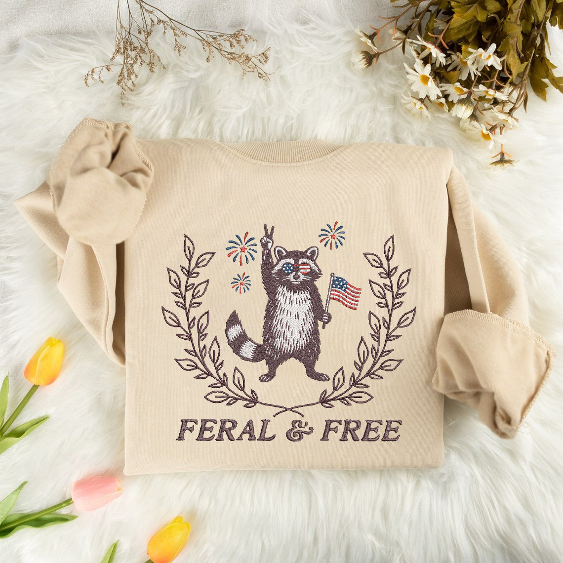Embroidered Feral & Free Sweatshirt, Raccoon Sweatshirt For Independence Day