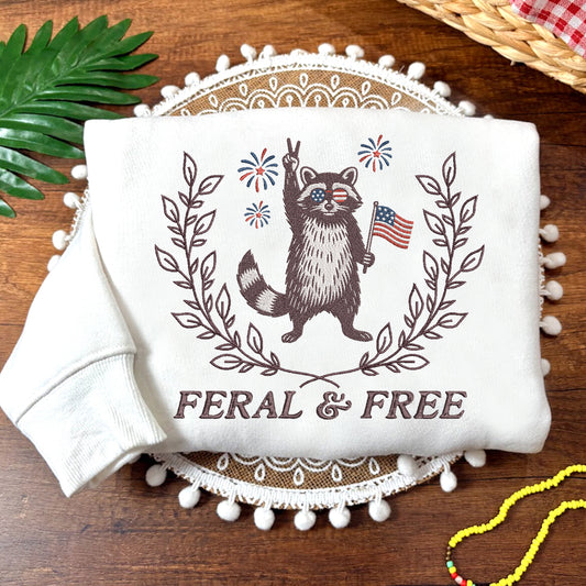 Embroidered Feral & Free Sweatshirt, Raccoon Sweatshirt For Independence Day