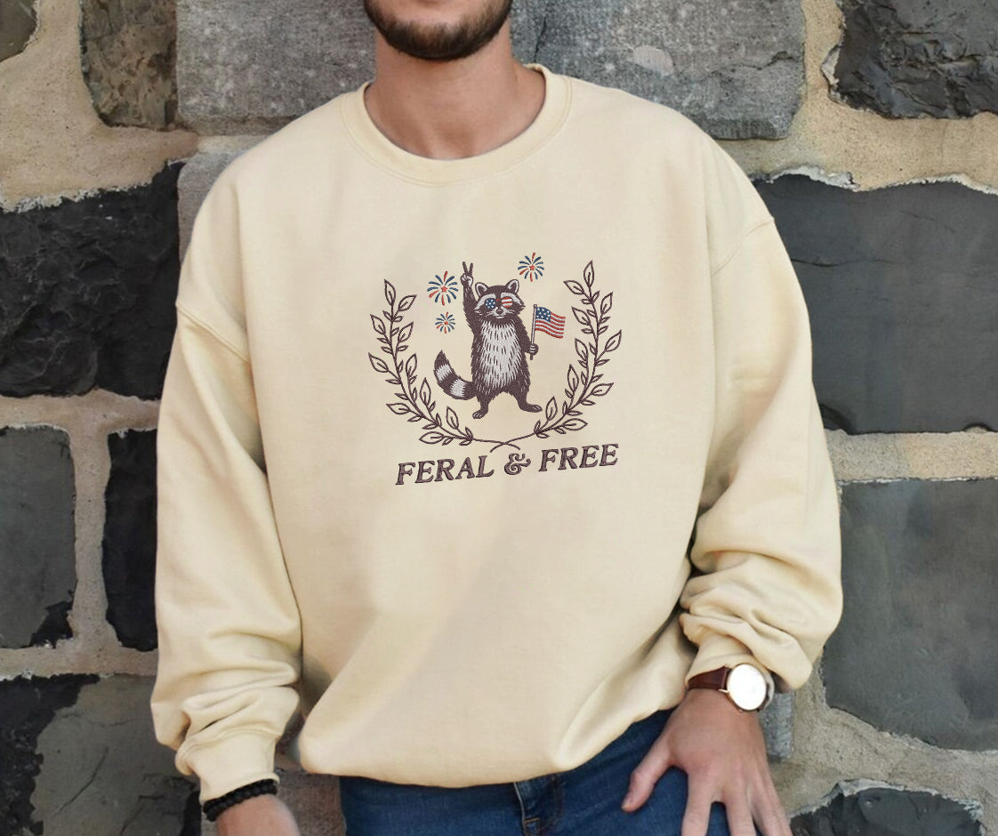 Embroidered Feral & Free Sweatshirt, Raccoon Sweatshirt For Independence Day