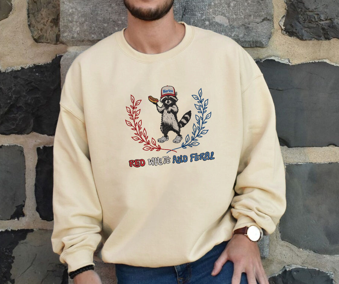 Embroidered Red, White, and Feral Sweatshirt, Raccoon Sweatshirt For Independence Day