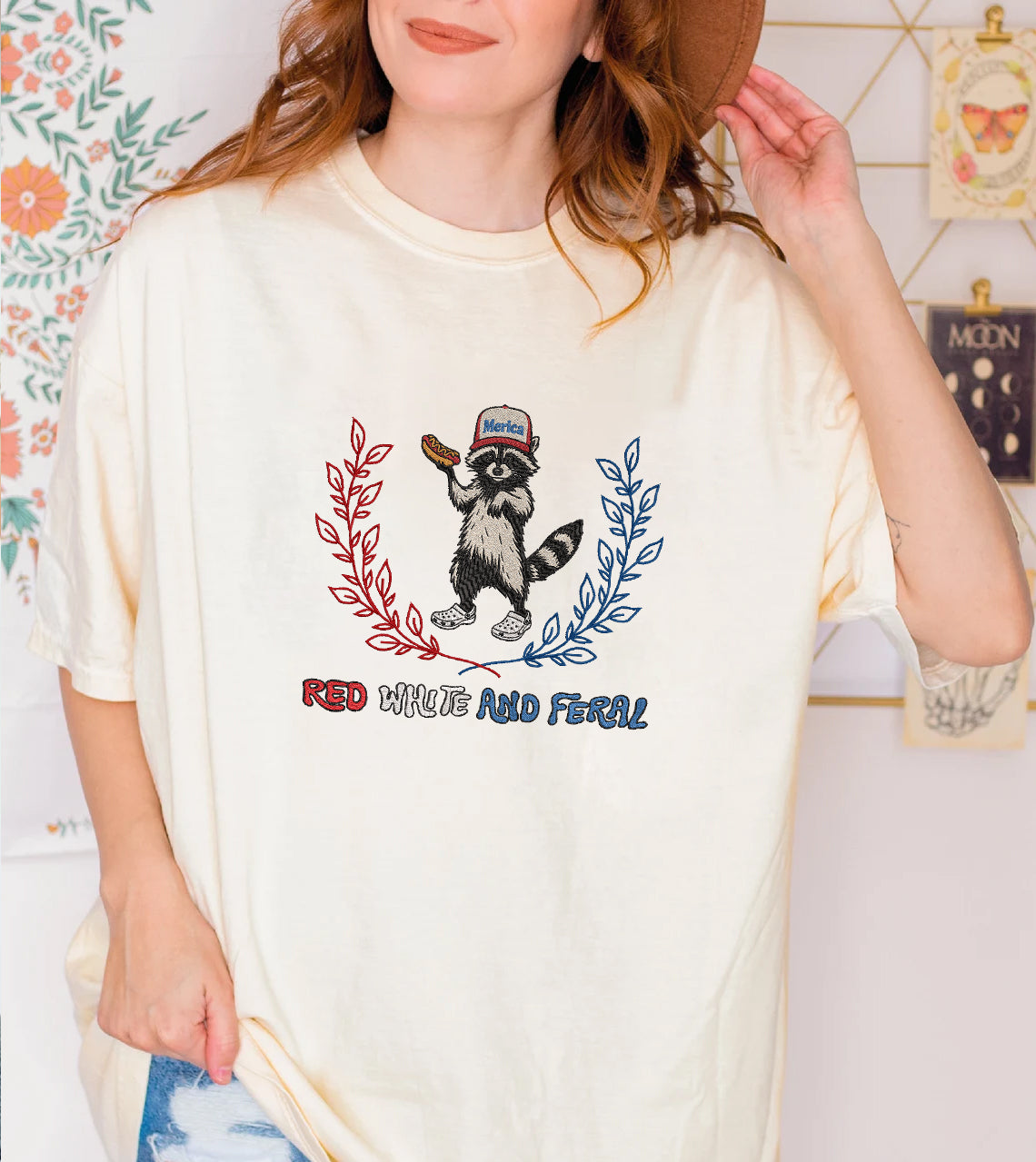 Embroidered Red, White, and Feral Sweatshirt, Raccoon Sweatshirt For Independence Day