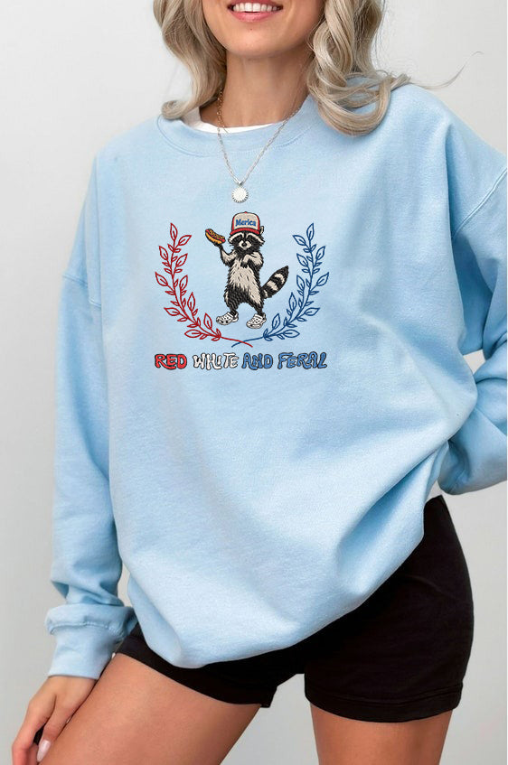 Embroidered Red, White, and Feral Sweatshirt, Raccoon Sweatshirt For Independence Day