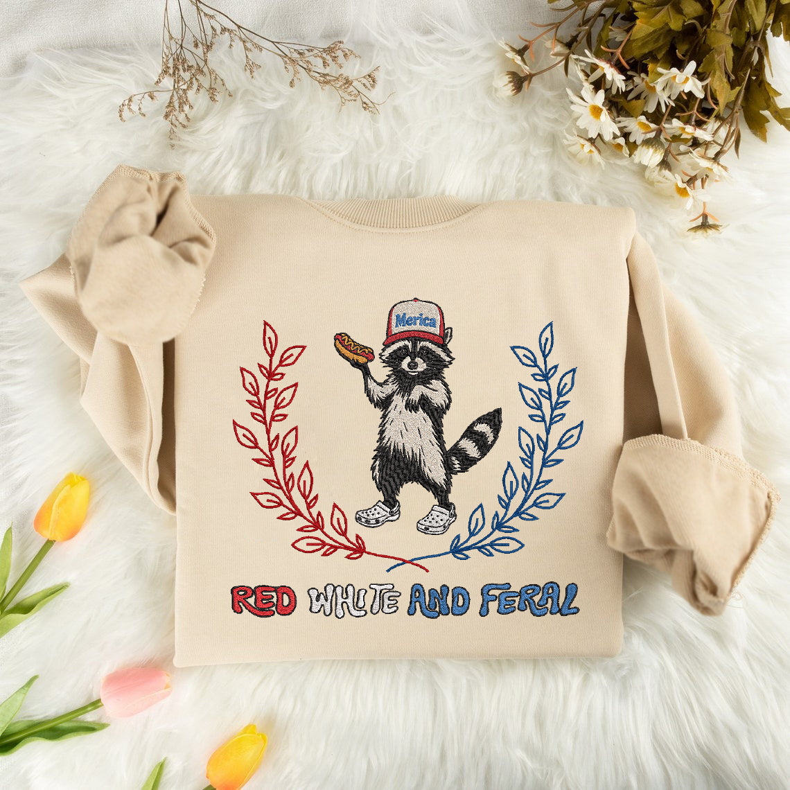 Embroidered Red, White, and Feral Sweatshirt, Raccoon Sweatshirt For Independence Day