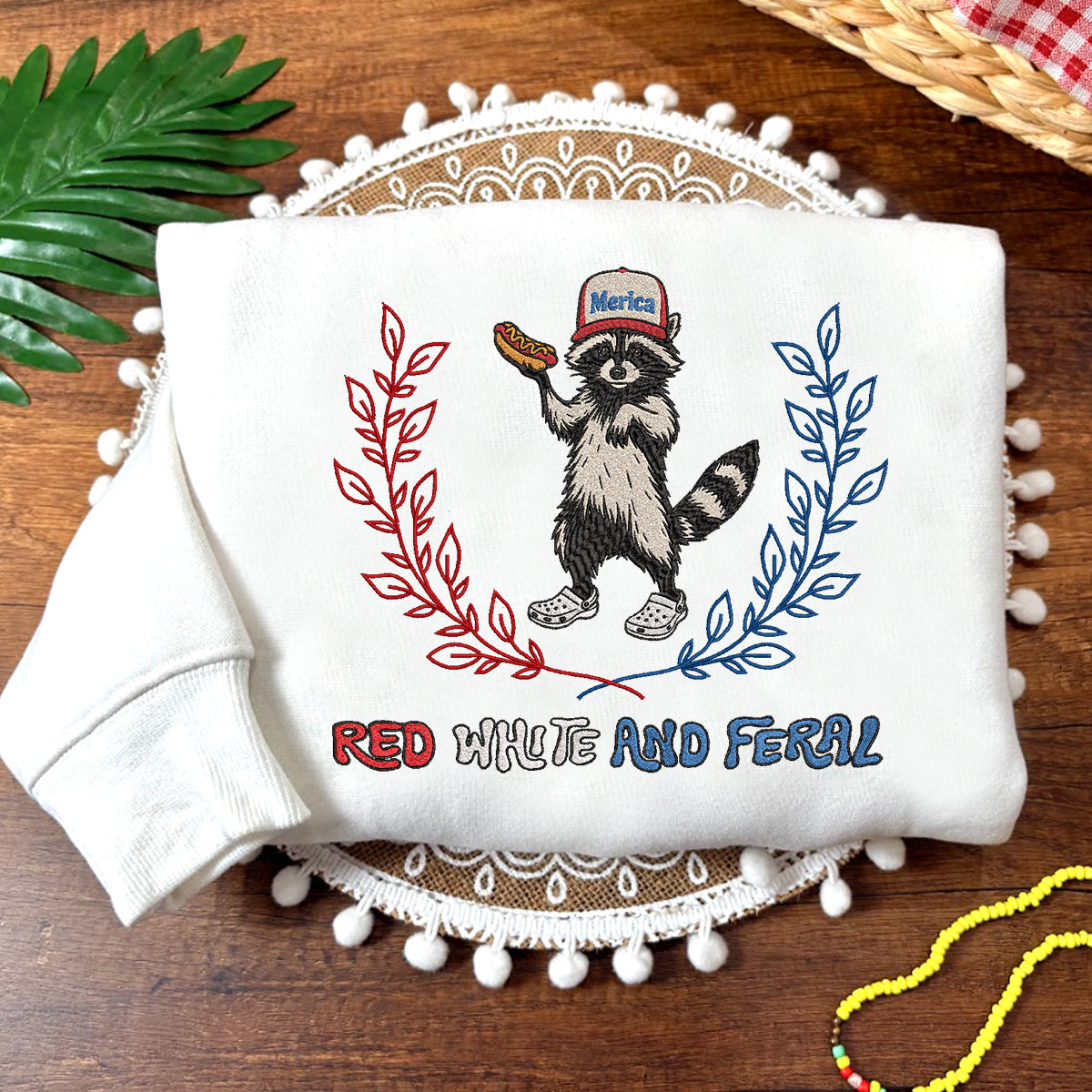 Embroidered Red, White, and Feral Sweatshirt, Raccoon Sweatshirt For Independence Day