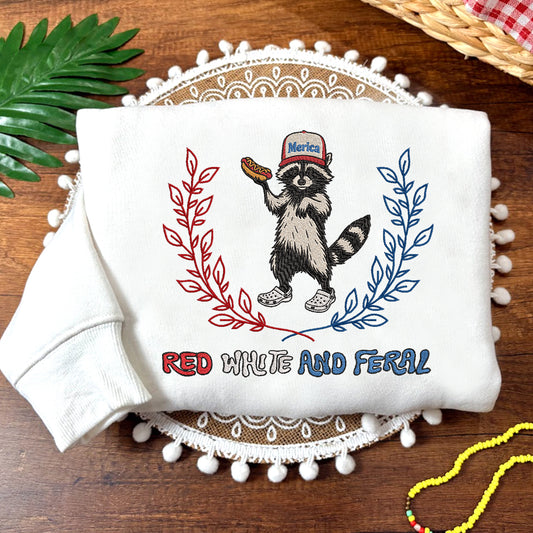 Embroidered Red, White, and Feral Sweatshirt, Raccoon Sweatshirt For Independence Day