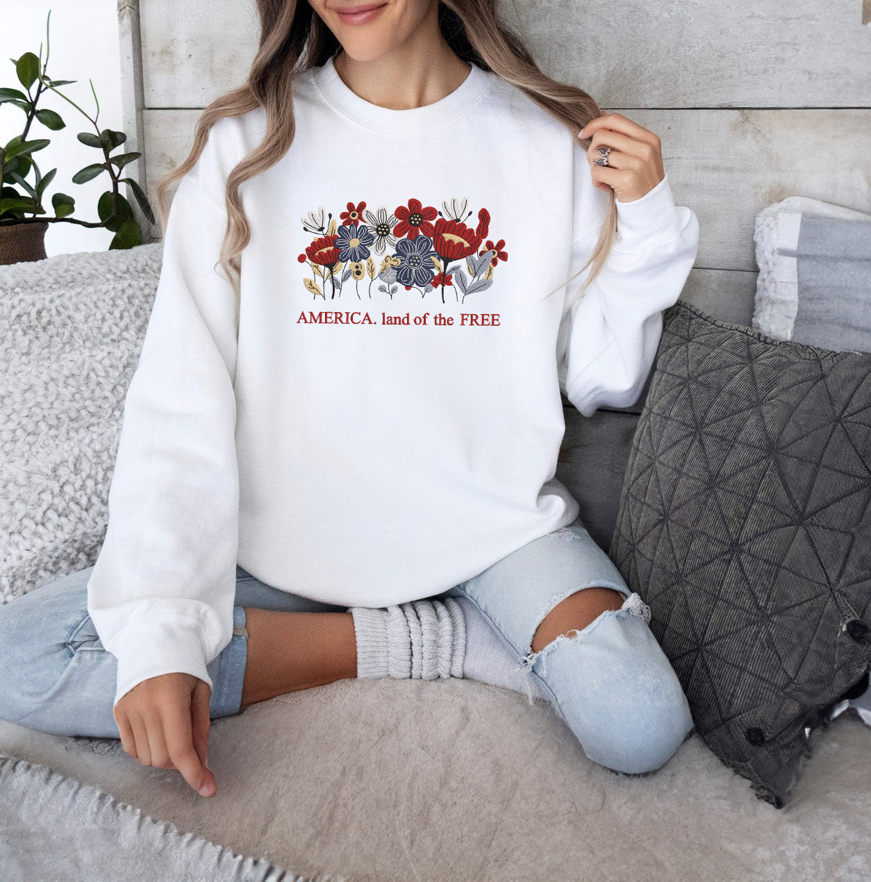 Embroidered America Land of the Free Sweatshirt, Independence Day Sweatshirt