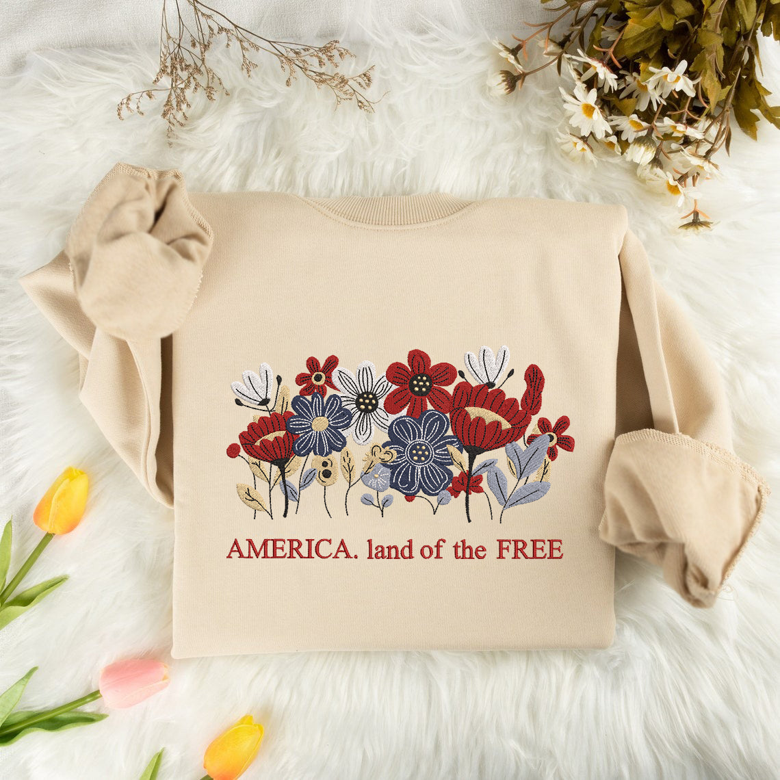 Embroidered America Land of the Free Sweatshirt, Independence Day Sweatshirt