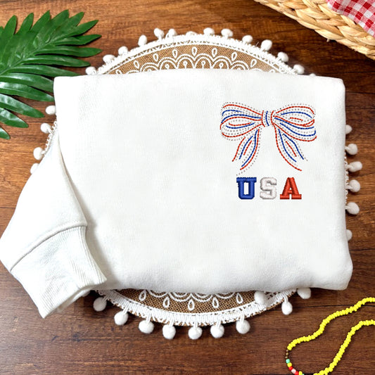 Embroidered USA Patriotic Bow Sweatshirt, Shirt for Independence Day