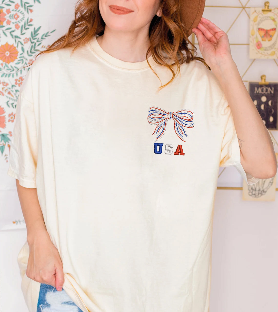 Embroidered USA Patriotic Bow Sweatshirt, Shirt for Independence Day