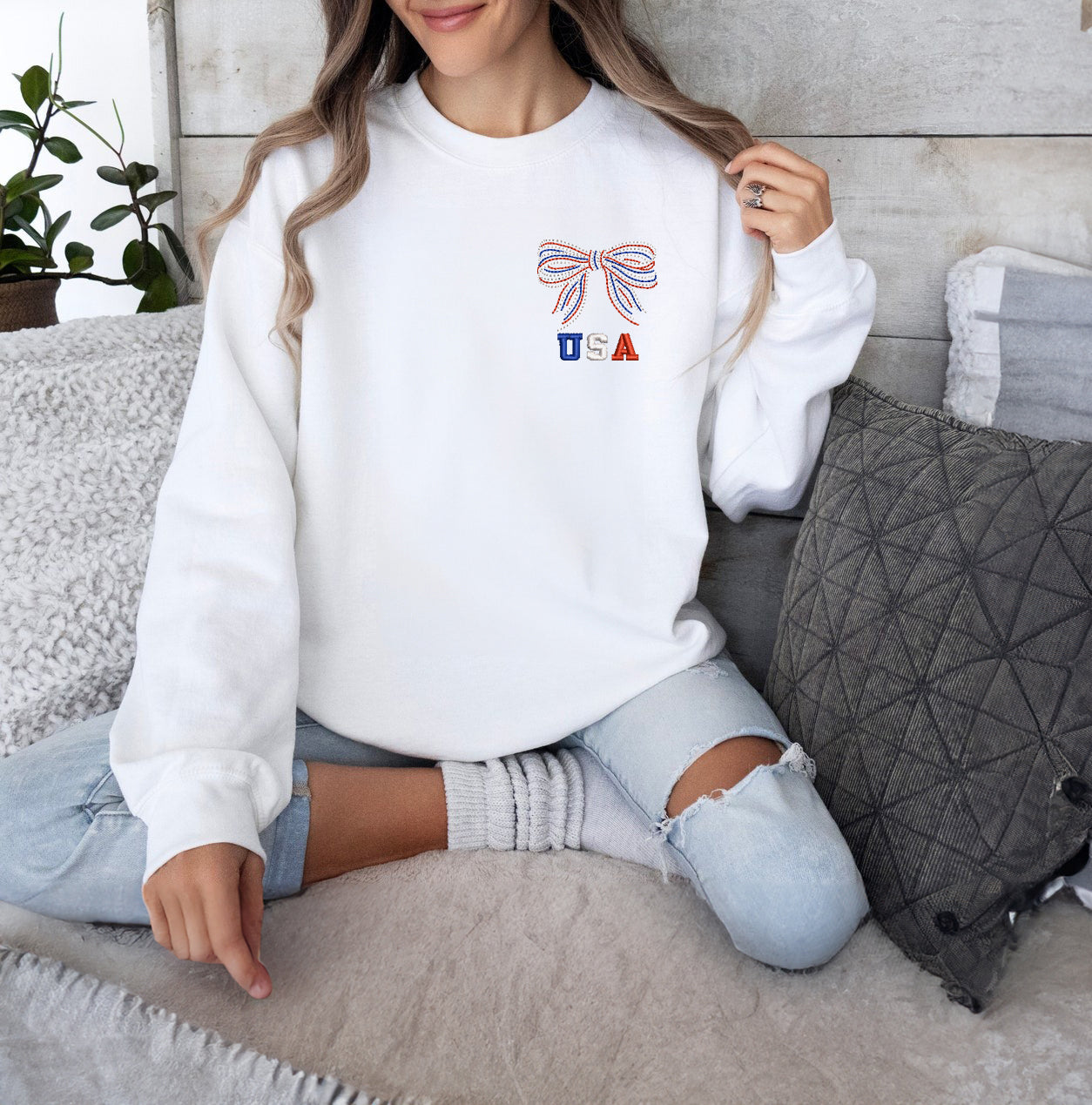 Embroidered USA Patriotic Bow Sweatshirt, Shirt for Independence Day