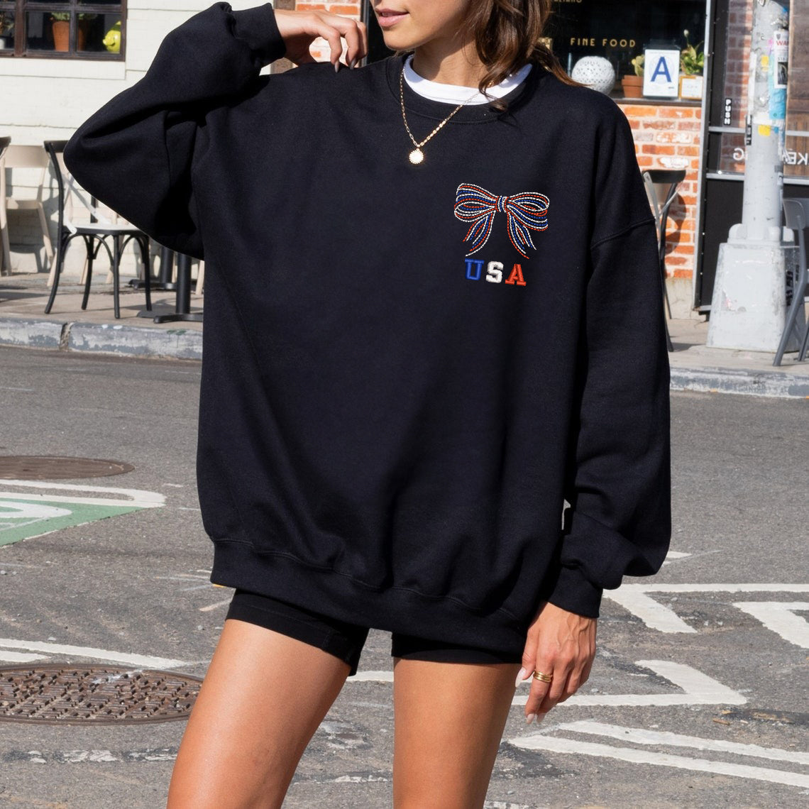 Embroidered USA Patriotic Bow Sweatshirt, Shirt for Independence Day