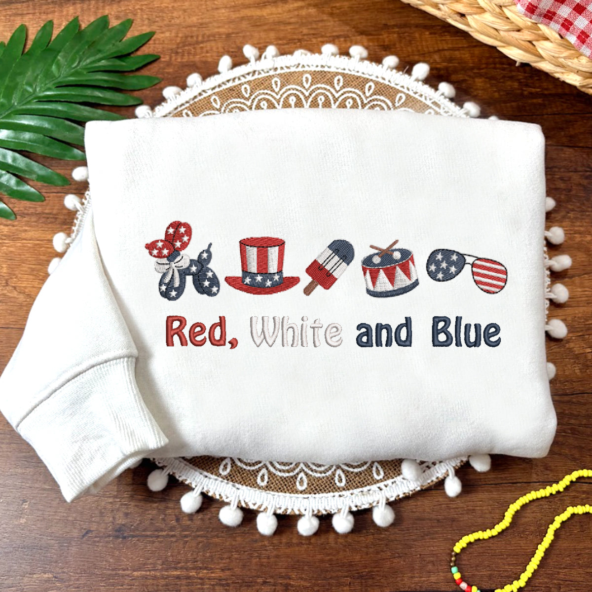 Embroidered Red, White and Blue Icons Sweatshirt, Patriotic 4th of July Pullover Shirt