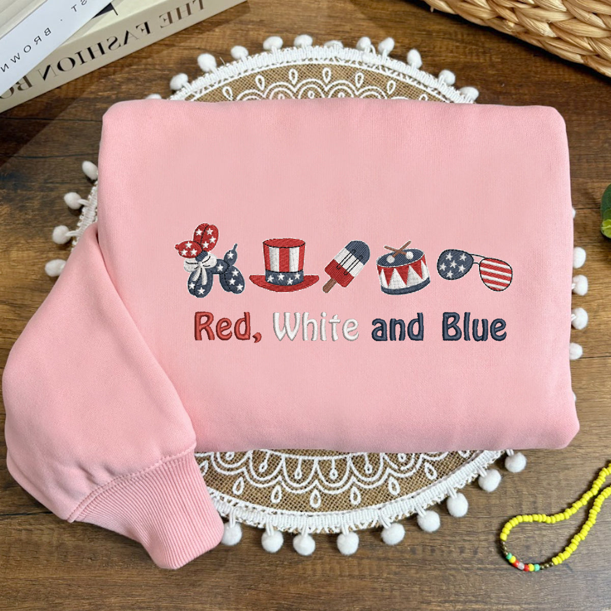 Embroidered Red, White and Blue Icons Sweatshirt, Patriotic 4th of July Pullover Shirt