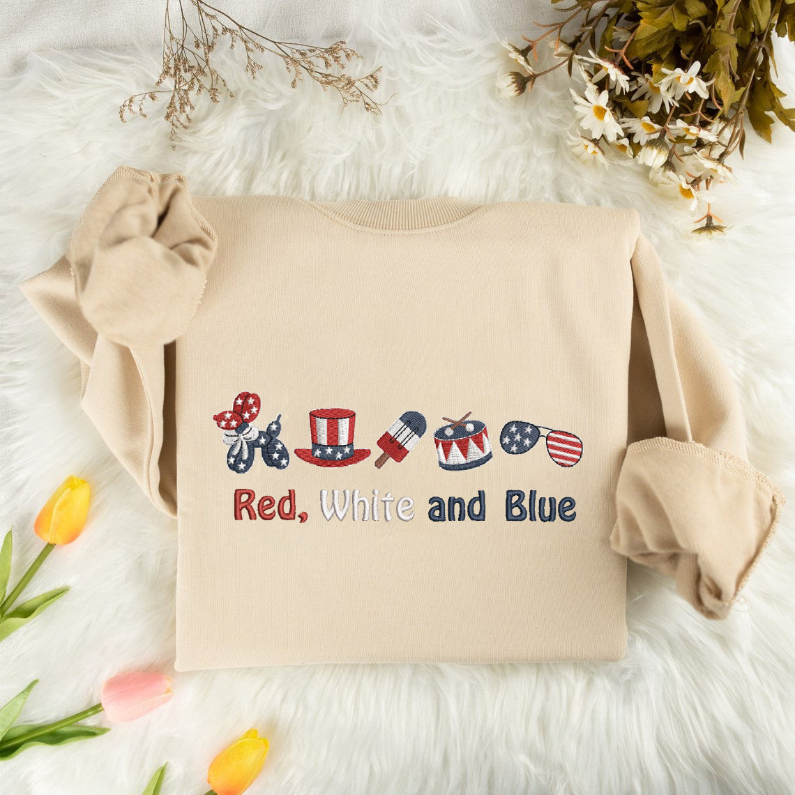 Embroidered Red, White and Blue Icons Sweatshirt, Patriotic 4th of July Pullover Shirt