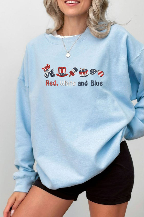 Embroidered Red, White and Blue Icons Sweatshirt, Patriotic 4th of July Pullover Shirt