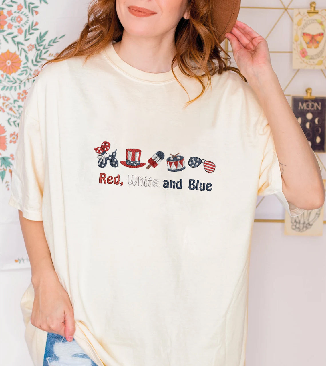 Embroidered Red, White and Blue Icons Sweatshirt, Patriotic 4th of July Pullover Shirt