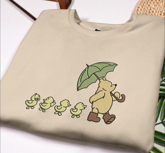 Embroidered Pooh Green Umbrella Sweatshirt, Funny Ducklings Shirt