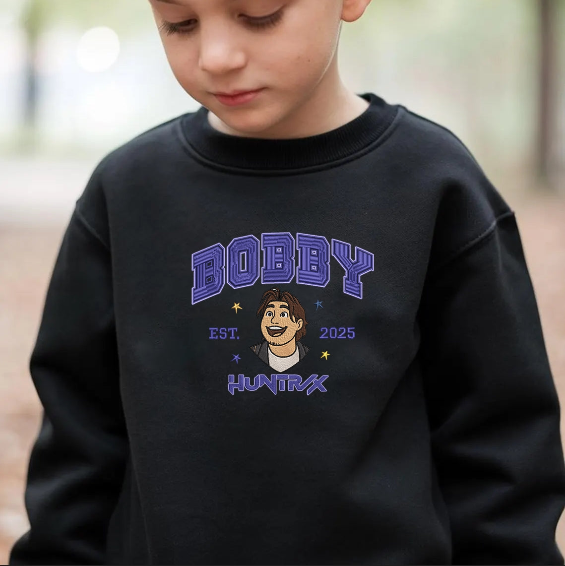 Huntrix Embroidered Youth Sweatshirt, Cute Chibi Character Jumper - Rumi, Zoey, Mira Design