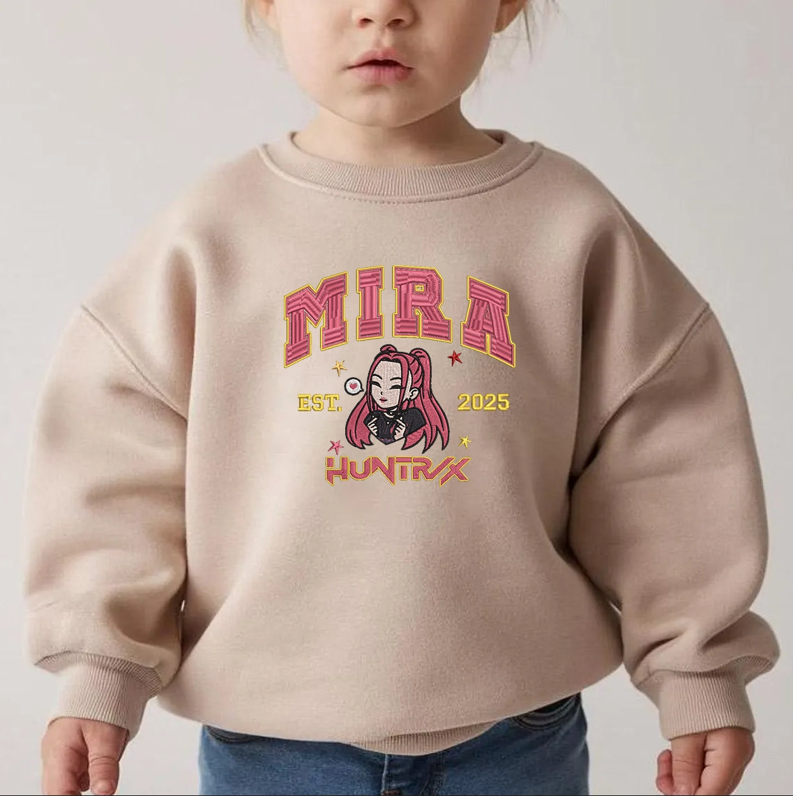 Huntrix Embroidered Youth Sweatshirt, Cute Chibi Character Jumper - Rumi, Zoey, Mira Design