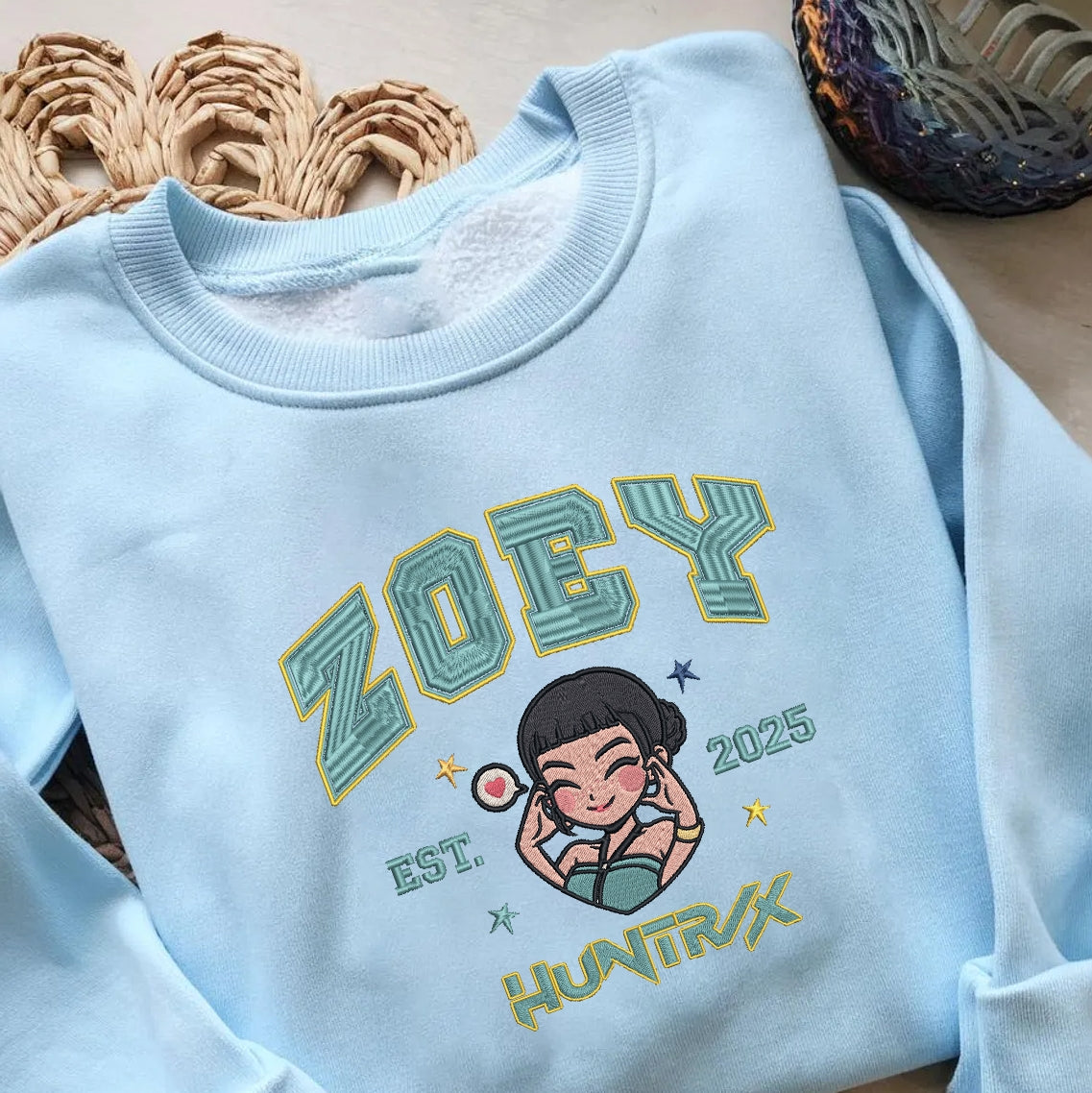 Huntrix Embroidered Youth Sweatshirt, Cute Chibi Character Jumper - Rumi, Zoey, Mira Design