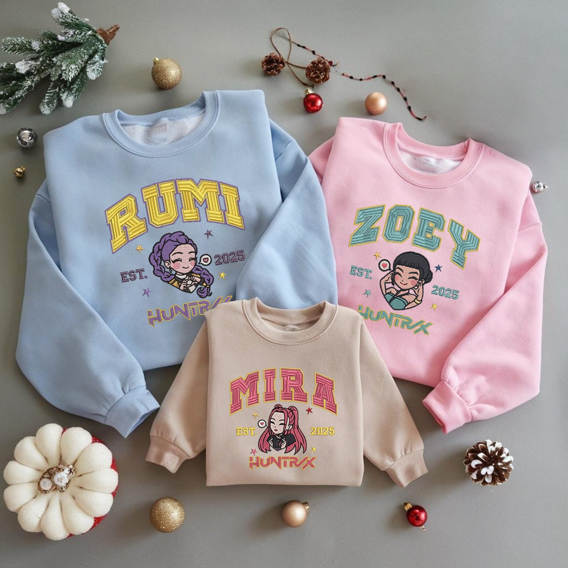 Huntrix Embroidered Youth Sweatshirt, Cute Chibi Character Jumper - Rumi, Zoey, Mira Design