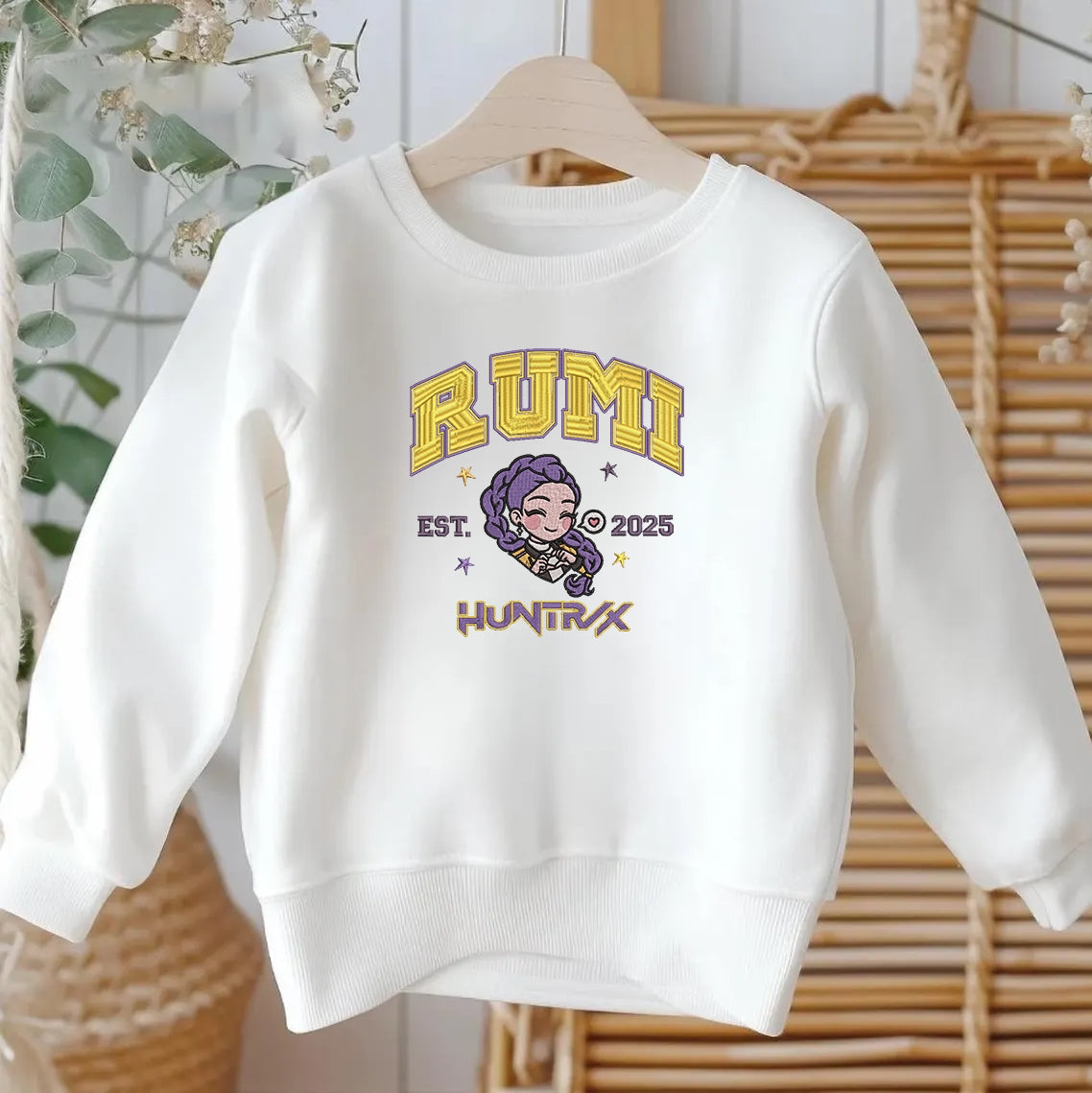 Huntrix Embroidered Youth Sweatshirt, Cute Chibi Character Jumper - Rumi, Zoey, Mira Design