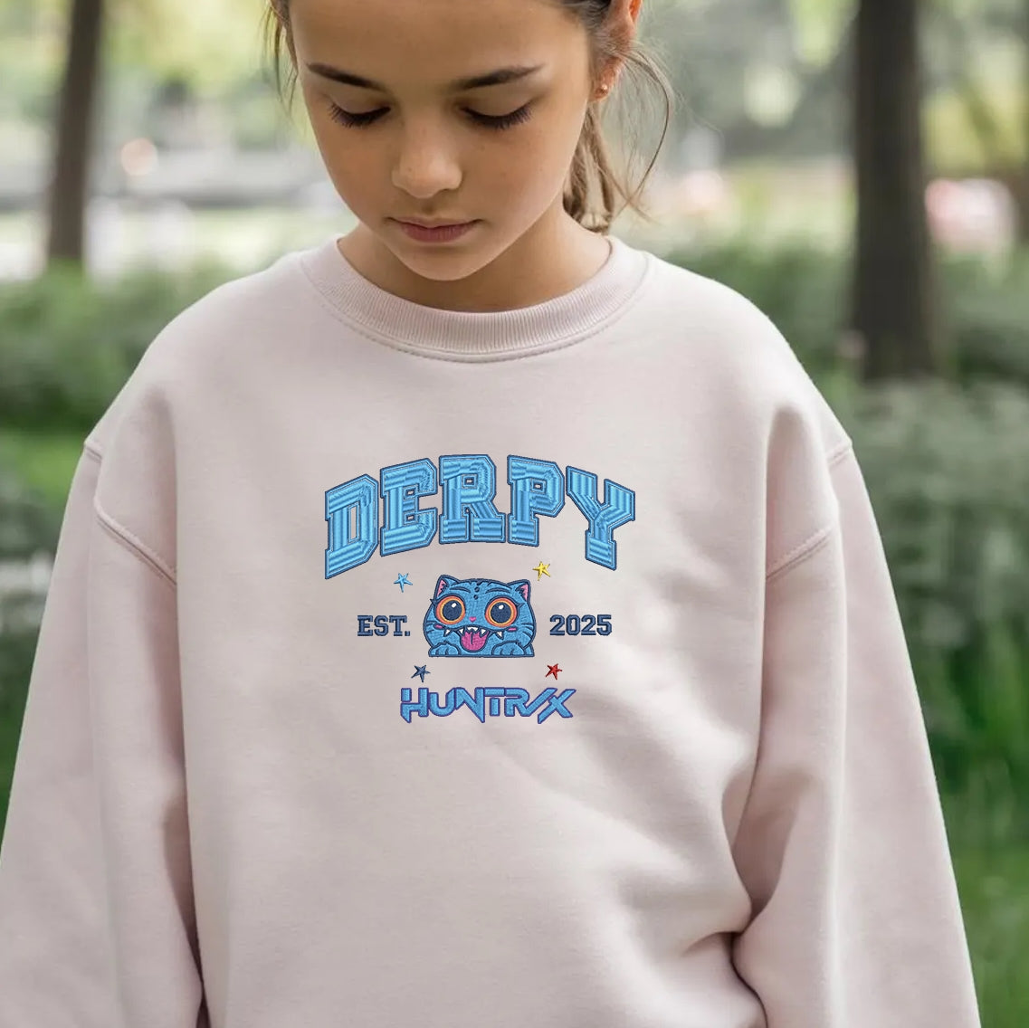 Huntrix Embroidered Youth Sweatshirt, Cute Chibi Character Jumper - Rumi, Zoey, Mira Design