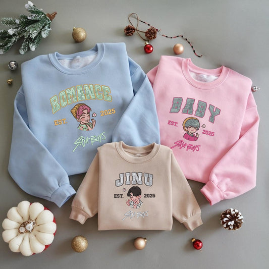 Saja Boys Embroidered Youth Sweatshirt, Cute Chibi Character Jumper - Romance, Baby, Jinu Design