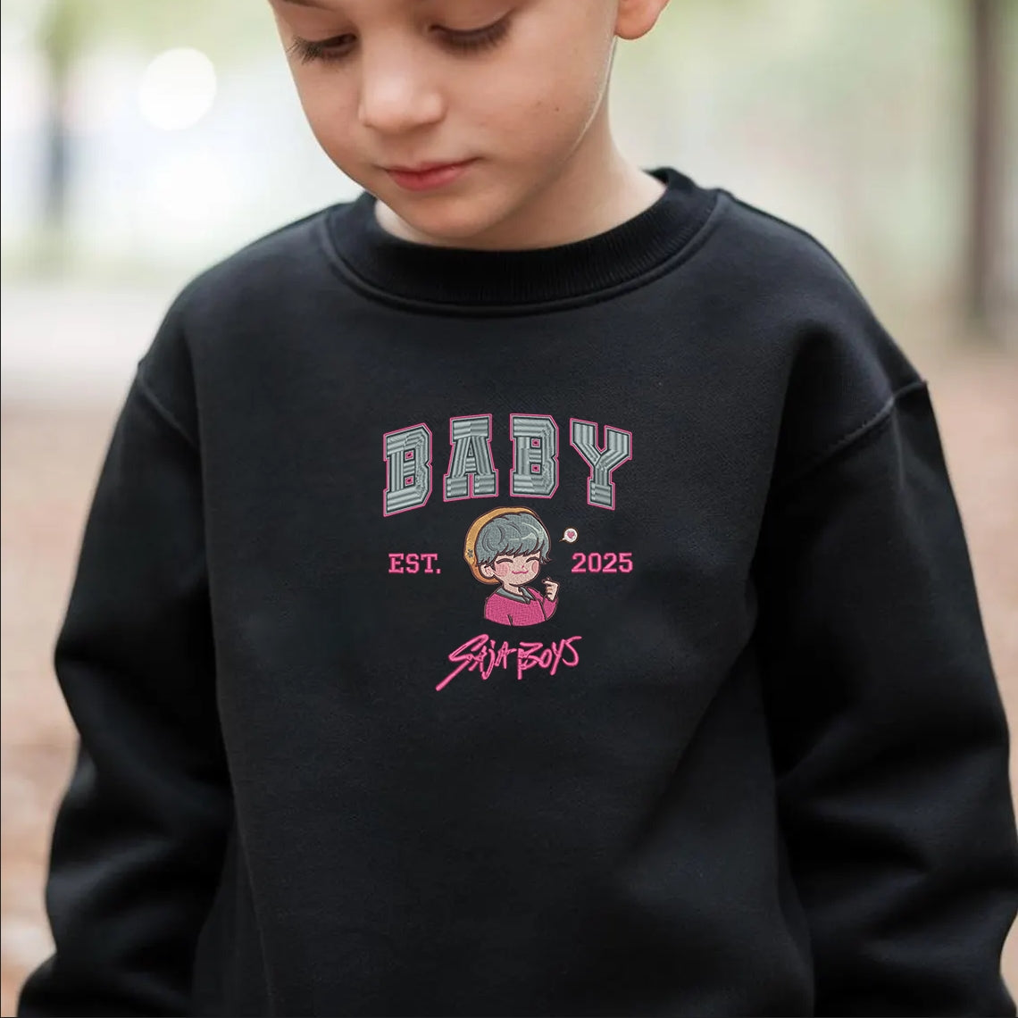 Saja Boys Embroidered Youth Sweatshirt, Cute Chibi Character Jumper - Romance, Baby, Jinu Design