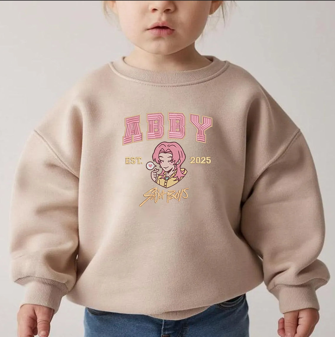Saja Boys Embroidered Youth Sweatshirt, Cute Chibi Character Jumper - Romance, Baby, Jinu Design