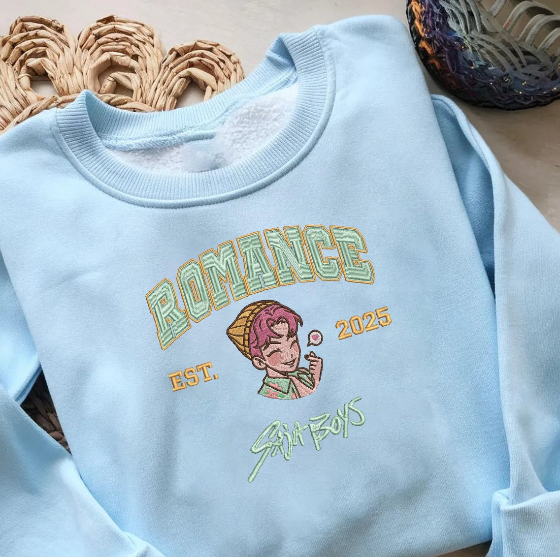 Saja Boys Embroidered Youth Sweatshirt, Cute Chibi Character Jumper - Romance, Baby, Jinu Design
