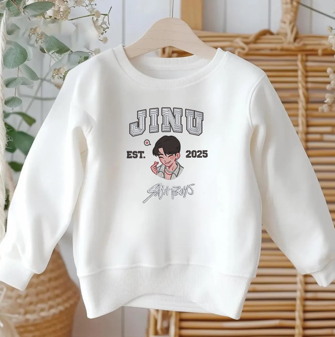 Saja Boys Embroidered Youth Sweatshirt, Cute Chibi Character Jumper - Romance, Baby, Jinu Design