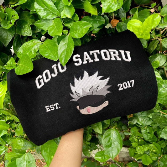 Black Gojo Satoru Est.2017 blindfold chibi embroidered sweatshirt outdoors