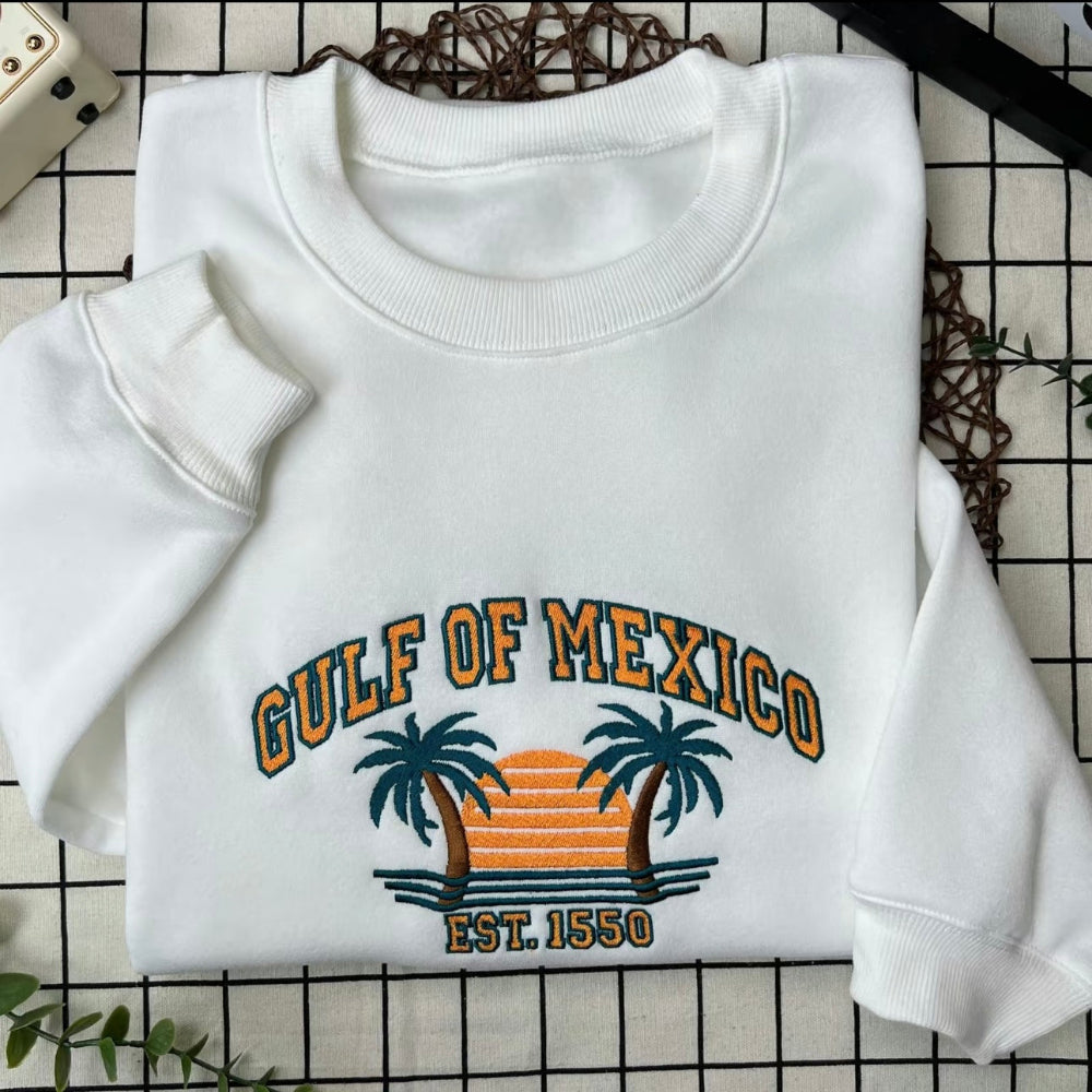 Clean white Gulf of Mexico sweatshirt, vintage beach vibe detail