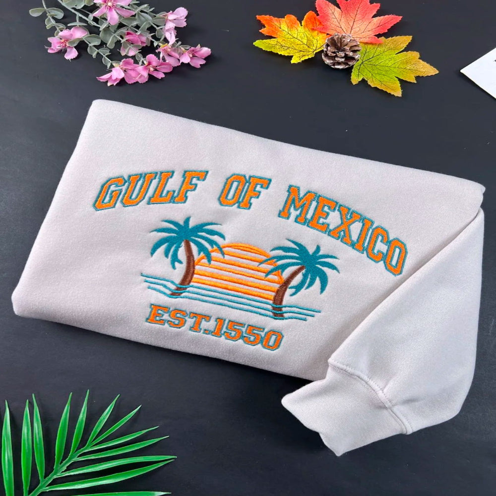 Clean white Gulf of Mexico sweatshirt, vintage beach vibe detail

