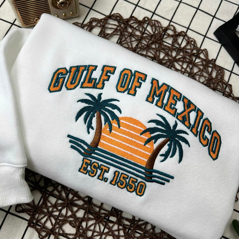 White Gulf of Mexico Est.1550 embroidered sweatshirt, retro sunset palms