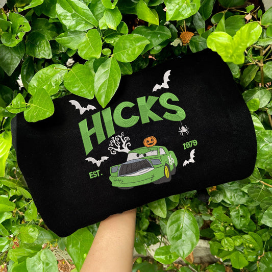 Hicks Embroidered Sweatshirt, green cartoon car front embroidery