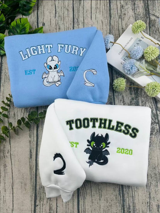 Embroidered Toothless and Light Fury Sweatshirt, How To Train Your Dragon Shirt