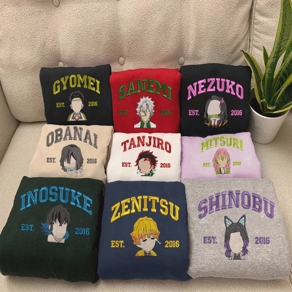 Full Demon Slayer Hashira collection sweatshirts neatly arranged on sofa