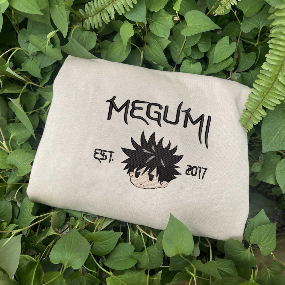 Sand sweatshirt, center Megumi stitched art, minimalist anime embroidery