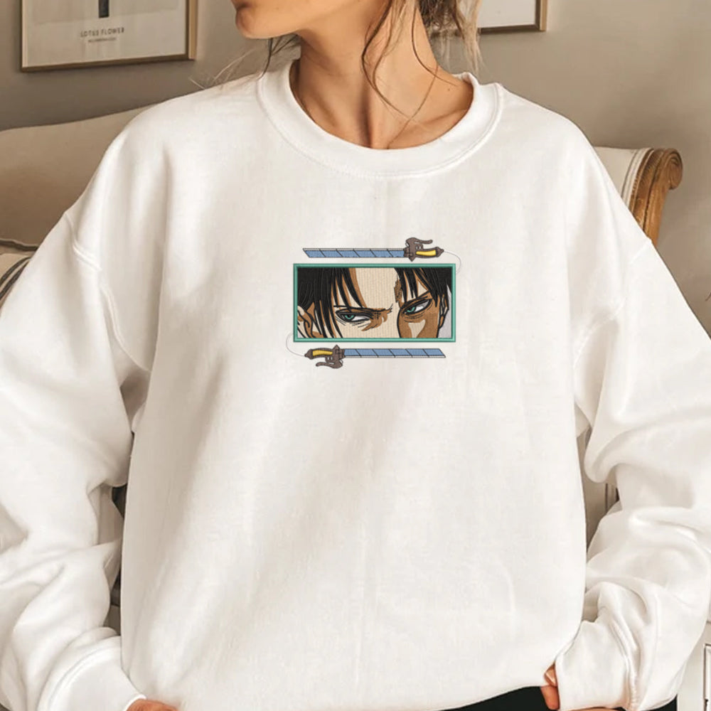 White Levi ODM gear sweatshirt, model indoor cozy shot