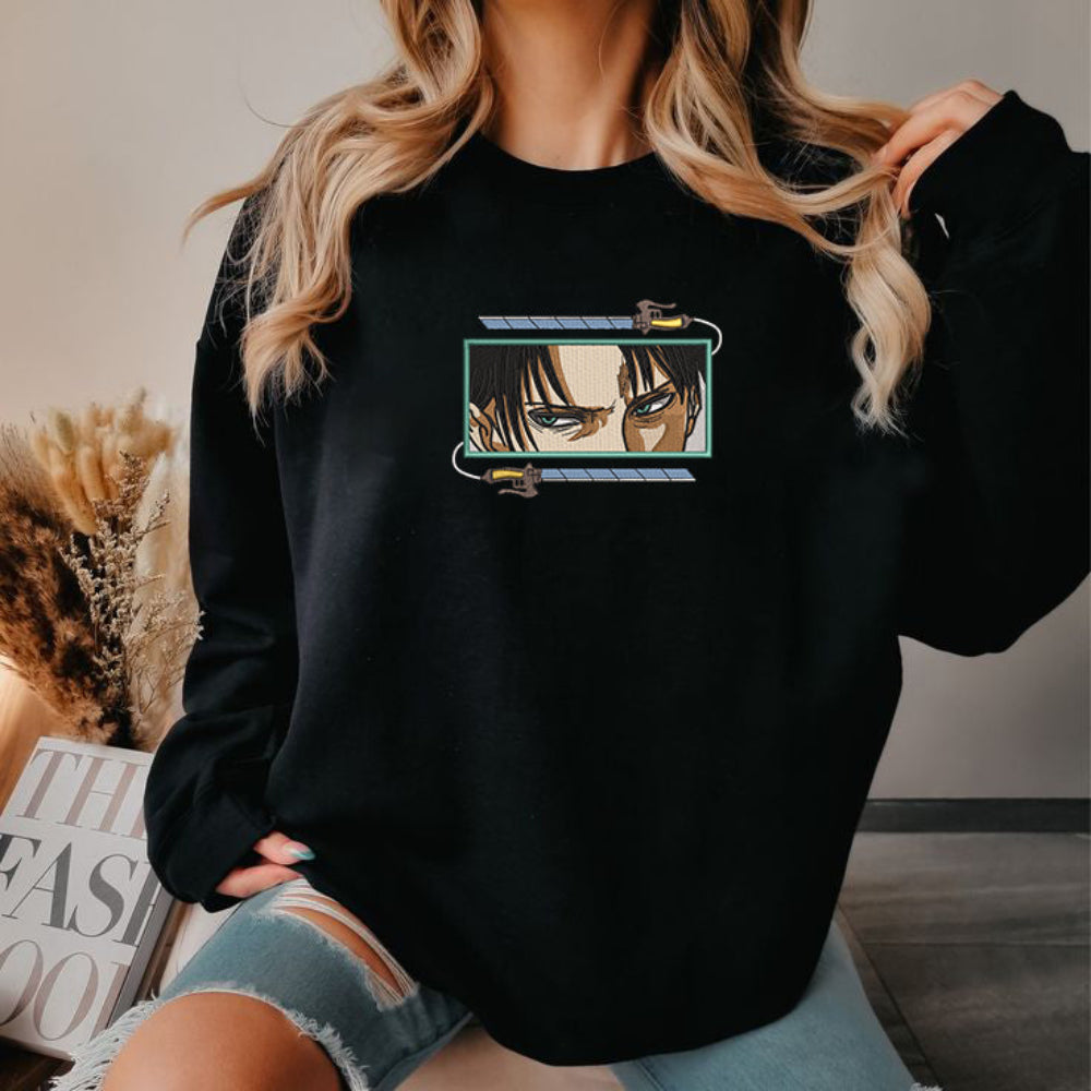 Black Levi Ackerman intense gaze sweatshirt, model sitting pose