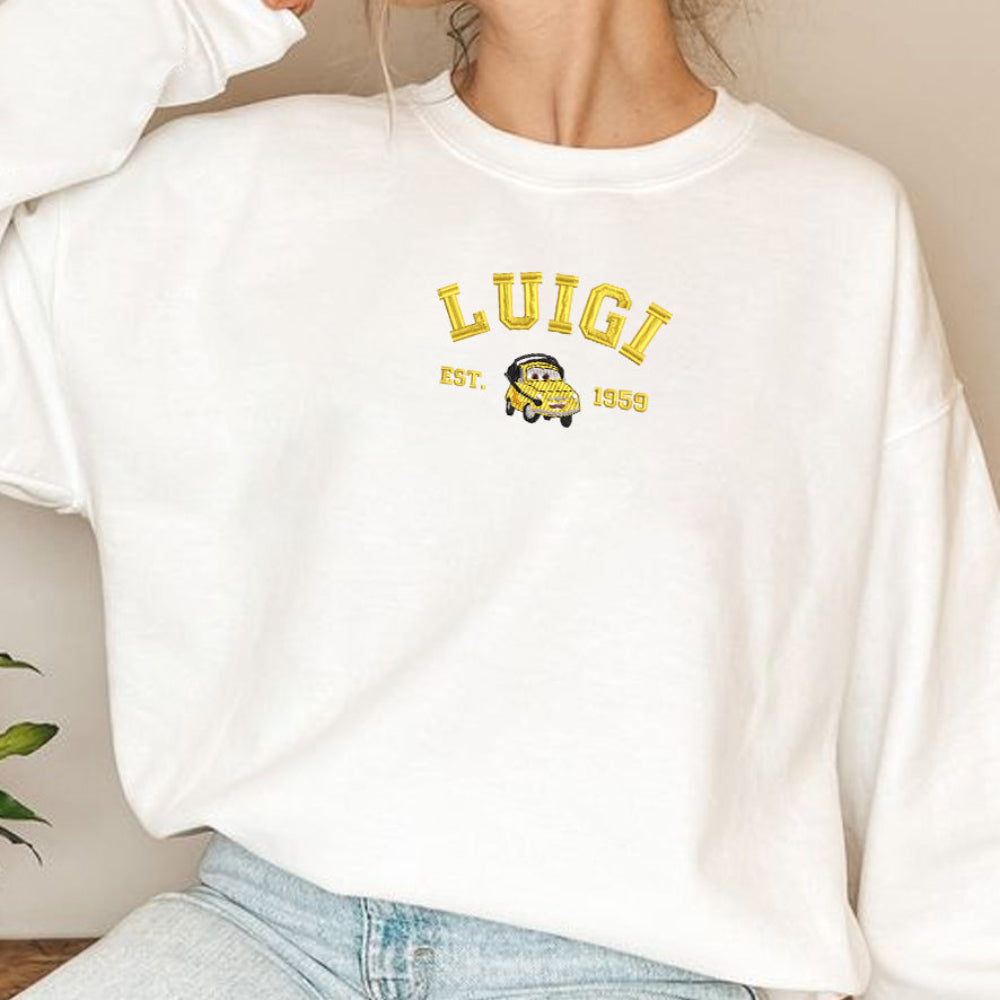 White Luigi Cars crewneck, cozy oversized model indoor styling