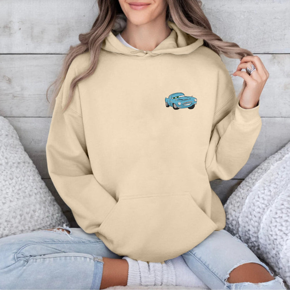 Sand hoodie worn by model, Finn McMissile chest detail
