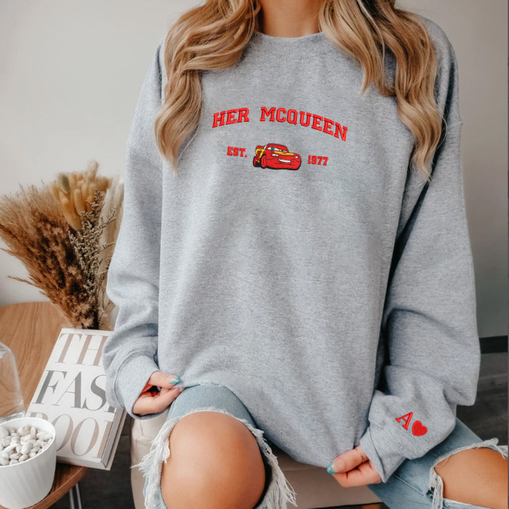 Gray sweatshirt, Cars couple embroidery stitched front.
