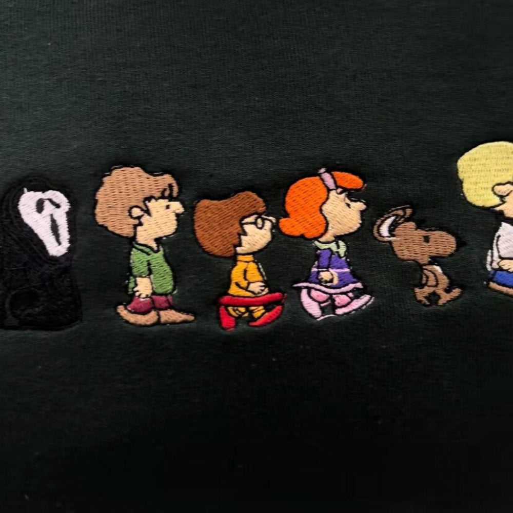 Black Snoopydoo Walking sweatshirt, embroidered Mystery Inc parody design