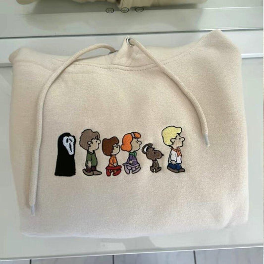 Beige Snoopydoo Walking hoodie with Ghostface Scooby gang embroidery