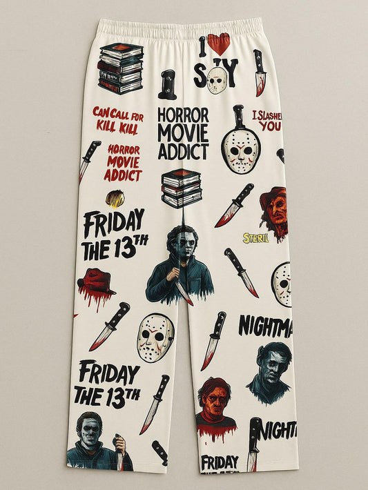 Retro Horror Slasher Lounge Pants, Spooky Halloween Sleepwear, Scary Movie Night Pajama Bottoms, Creepy Villain Print PJs for Adults