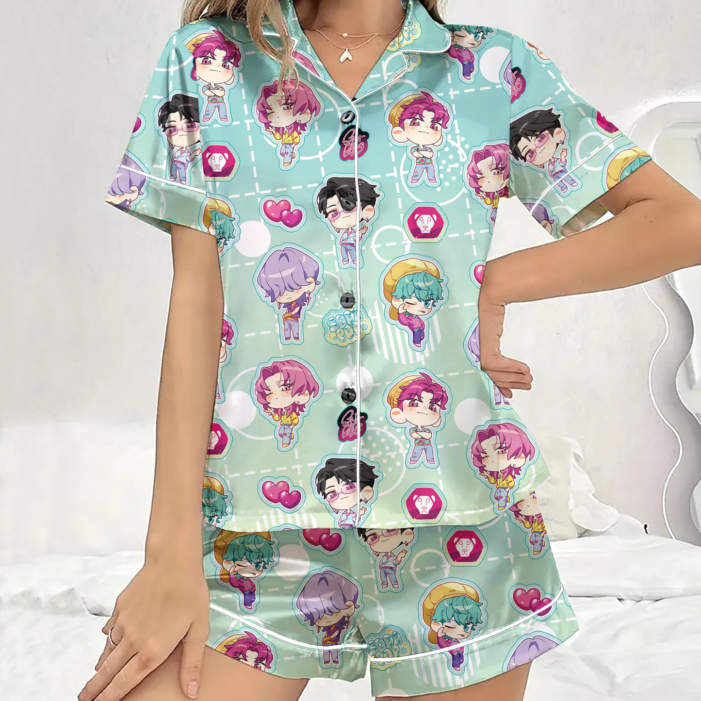 Saja Boys Demon Style K-pop Demon Hunters Satin Pajamas Set, Kpop Saja Boys Soda Pop Pajamas