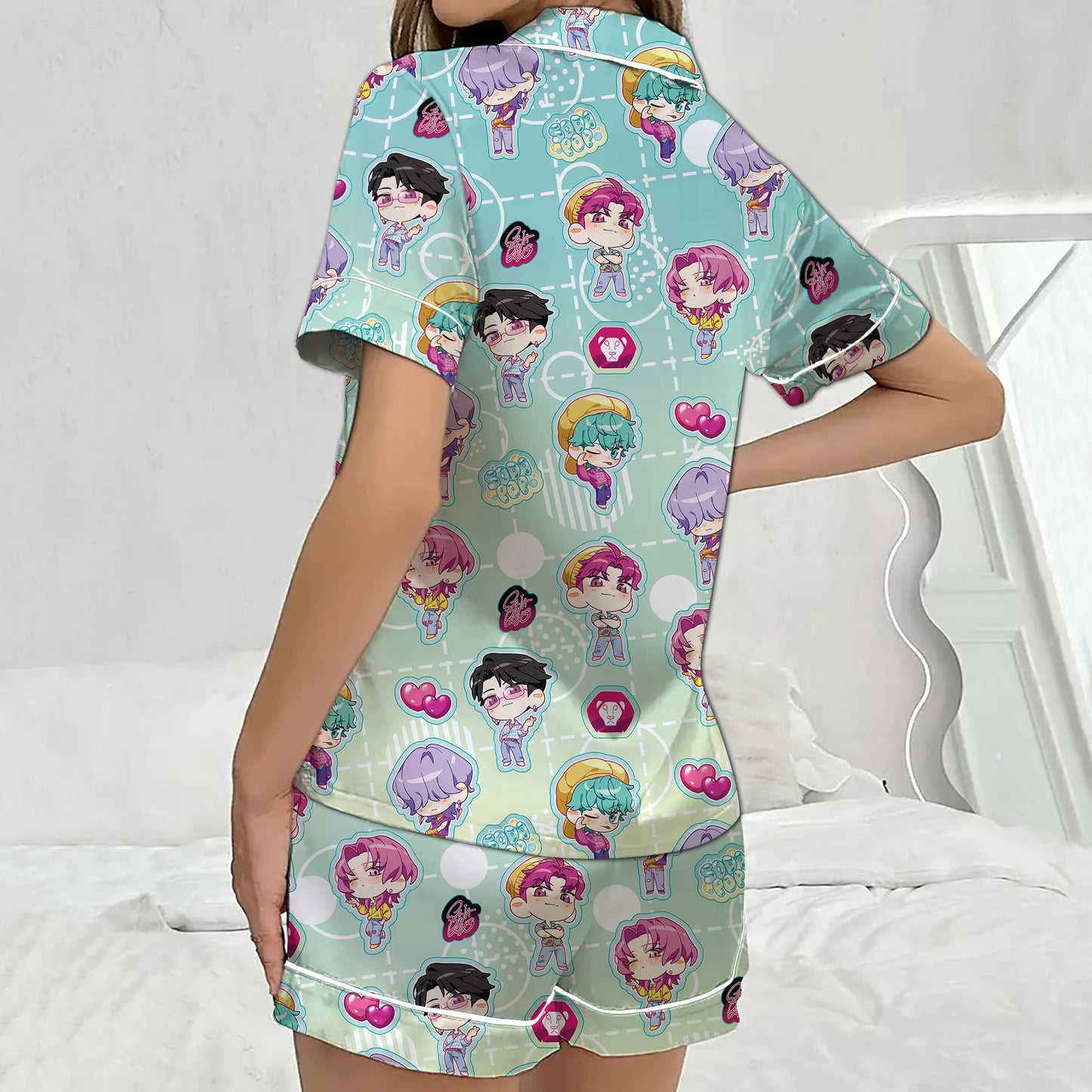 Saja Boys Demon Style K-pop Demon Hunters Satin Pajamas Set, Kpop Saja Boys Soda Pop Pajamas
